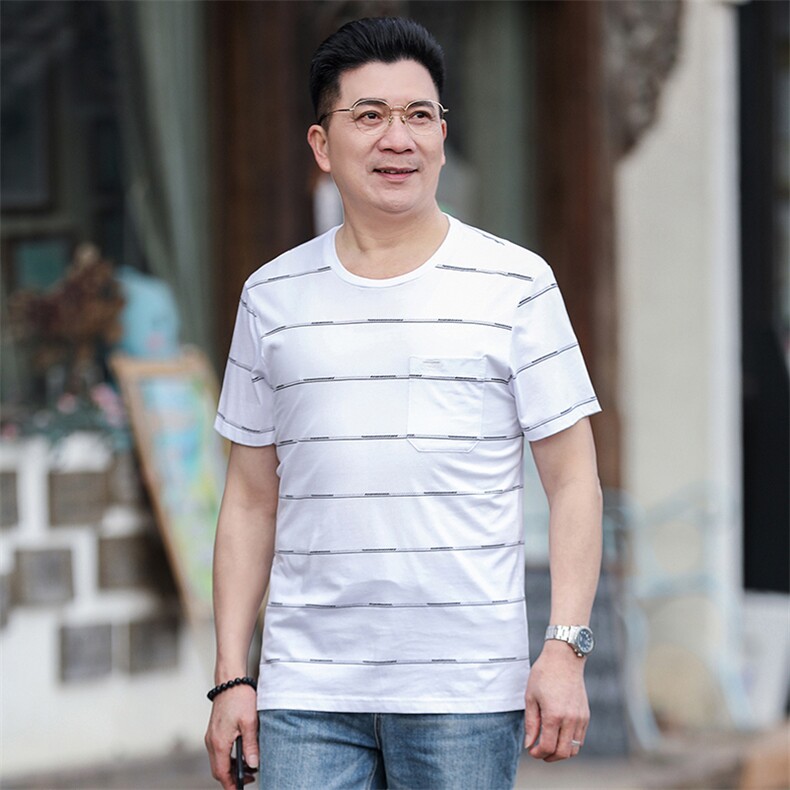 爸爸夏装短袖T恤男薄款圆领上衣2023夏季新款中年男士条纹体恤衫,男装T恤,电商B212（原钱塘6029）