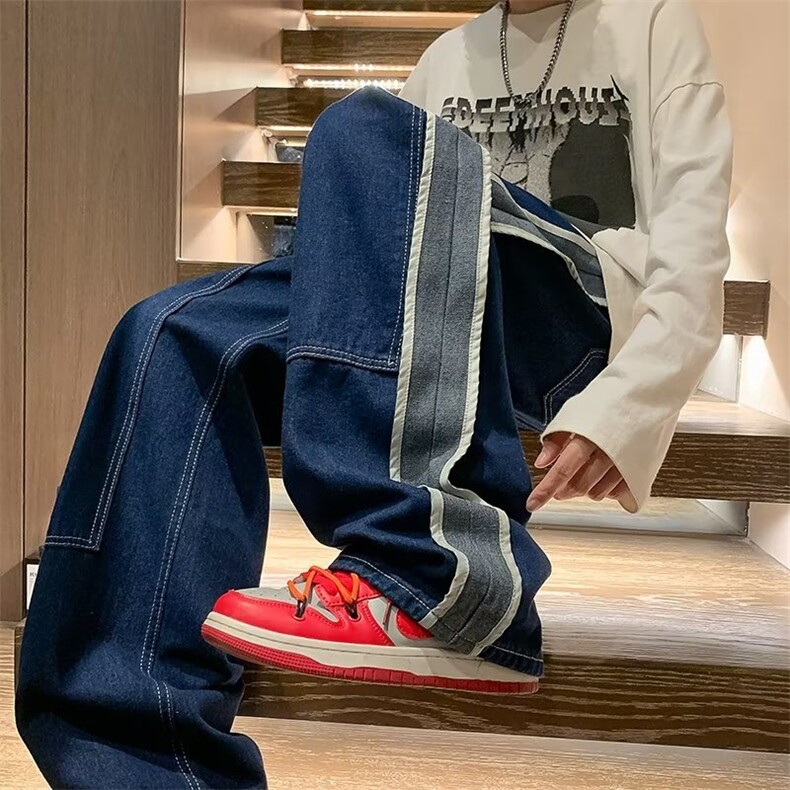 GN5338P43水洗复古做旧牛仔裤日系港风宽松直筒拼接松紧腰休闲裤，男装牛仔裤，星座1108-5