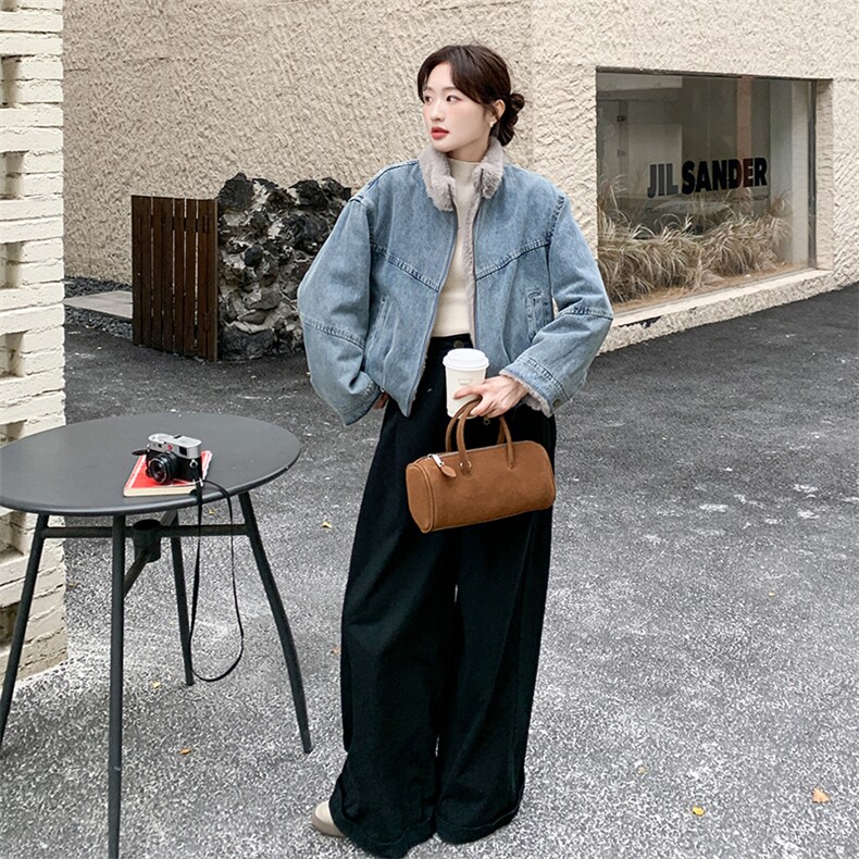 复古拼接牛仔外套女2025冬新款加绒加厚短款羊羔绒保暖宽松派克服,女装短外套,2C255