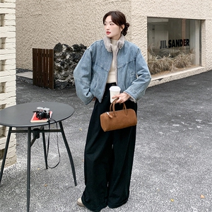 复古拼接牛仔外套女2025冬新款加绒加厚短款羊羔绒保暖宽松派克服图片