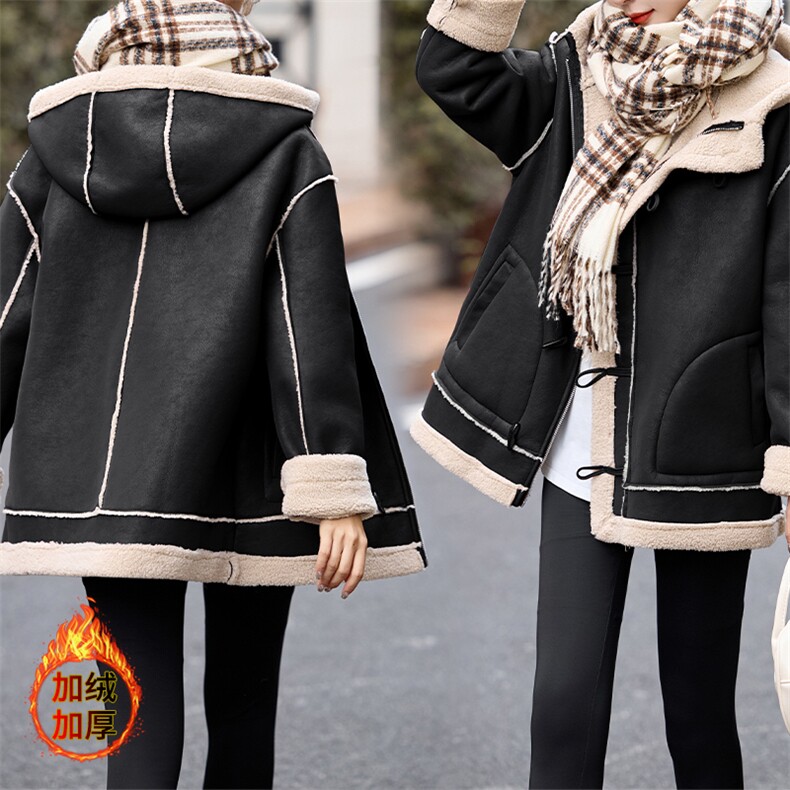 连帽仿羊羔毛外套女冬2024新款时尚休闲加绒加厚皮毛一体中长款棉服，女装羊羔毛/颗粒绒，潮流依族