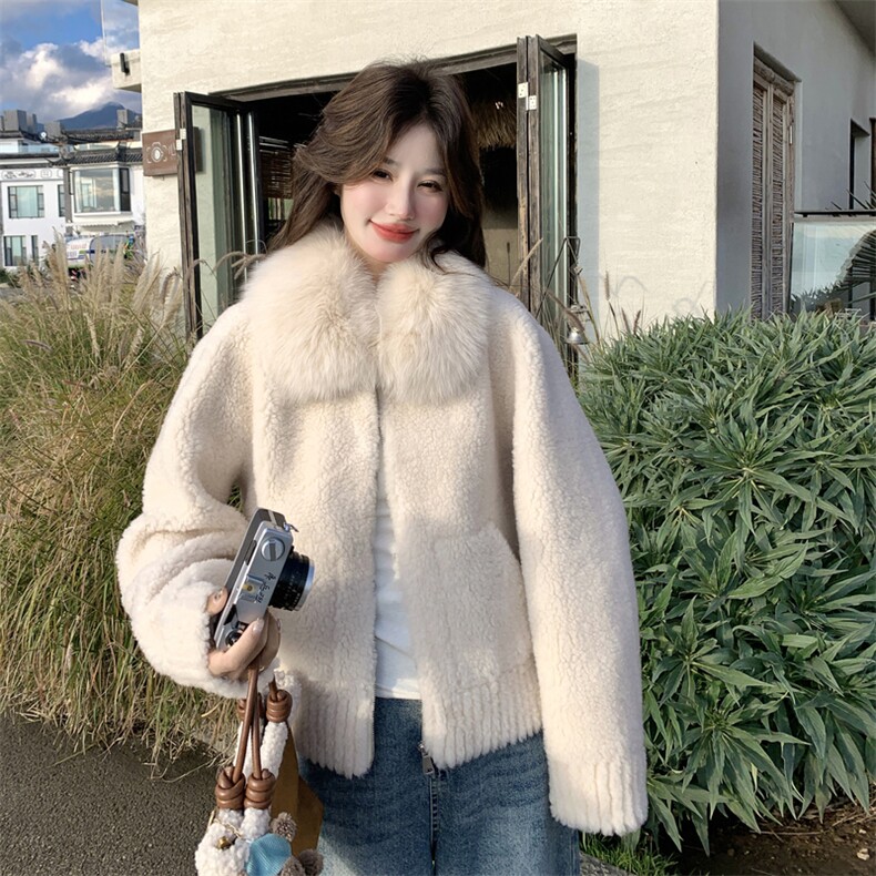 现货！羊羔毛拼接大毛领外套B208-9100-P205K318,女装羊羔毛/颗粒绒,浙宝208