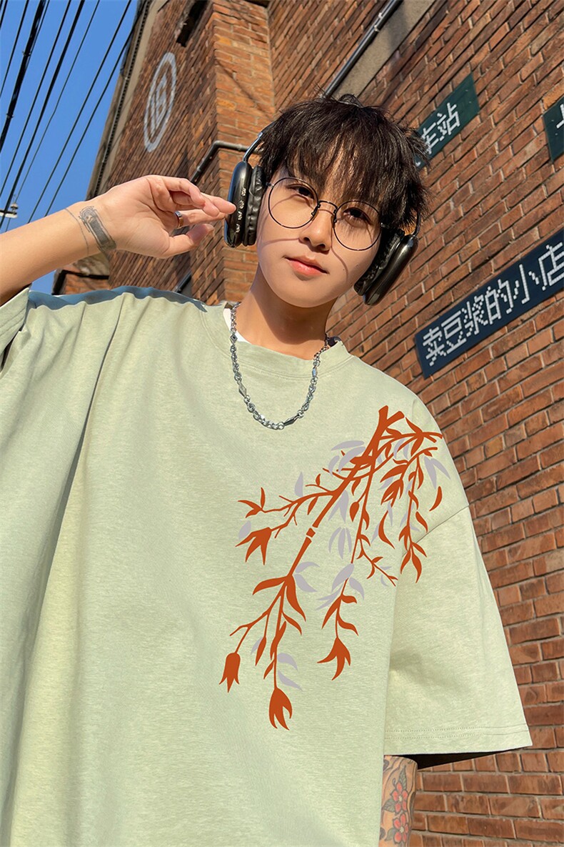 竹叶中国风短袖t恤男生夏季新中式2025新款青少年宽松半袖上衣服,男装T恤,电商B371