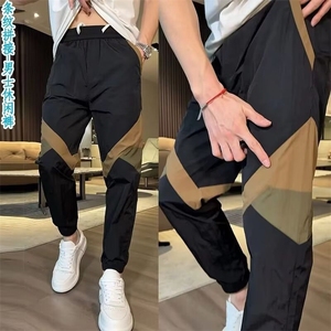男士夏季薄款拼色束脚休闲裤松紧腰拼接小脚裤潮流个性时尚哈伦裤图片