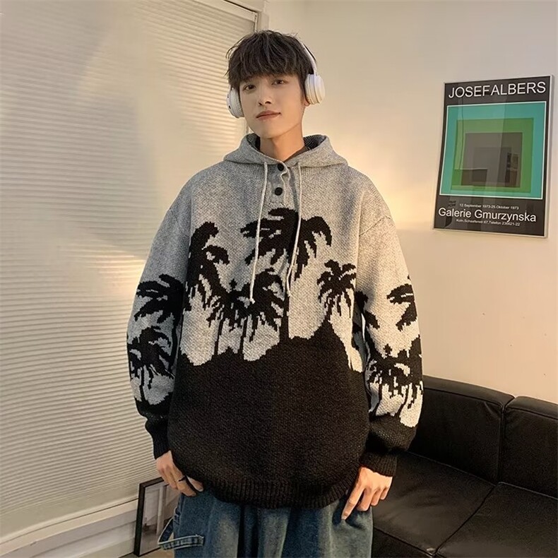 美式渐变纱刺绣字母条纹毛衣男圆领宽松慵懒风秋冬针织衫男,男装针织衫/毛衣,星座716-3