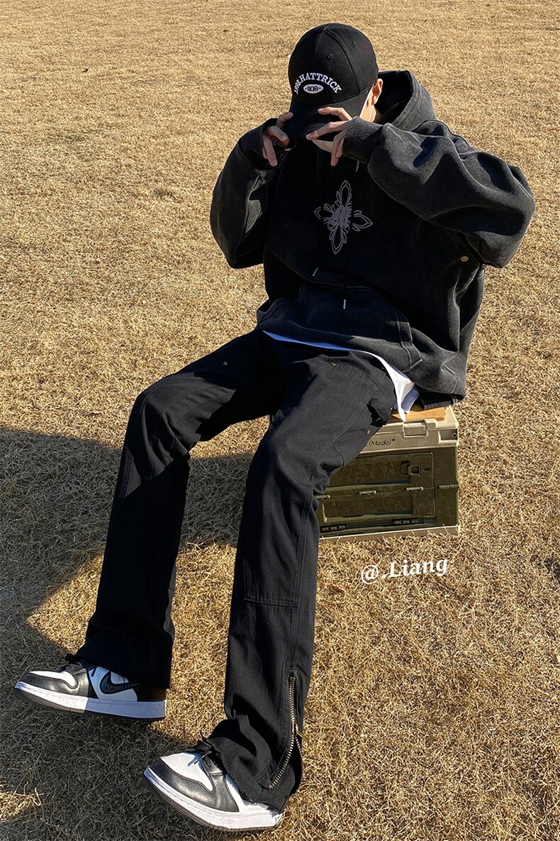 高街牛仔裤黑白色拉链款微喇叭裤715-6-BX08P65（控88）,男装牛仔裤,星座715-6