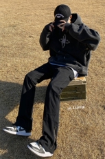 高街牛仔裤黑白色拉链款微喇叭裤715-6-BX08P65（控88），男装牛仔裤，星座715-6
