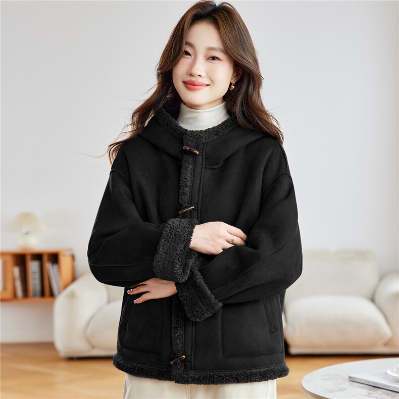 2025冬季时尚简约大方气质优雅显瘦休闲百搭潮流皮毛一体外套，女装羊羔毛/颗粒绒，独衣靓