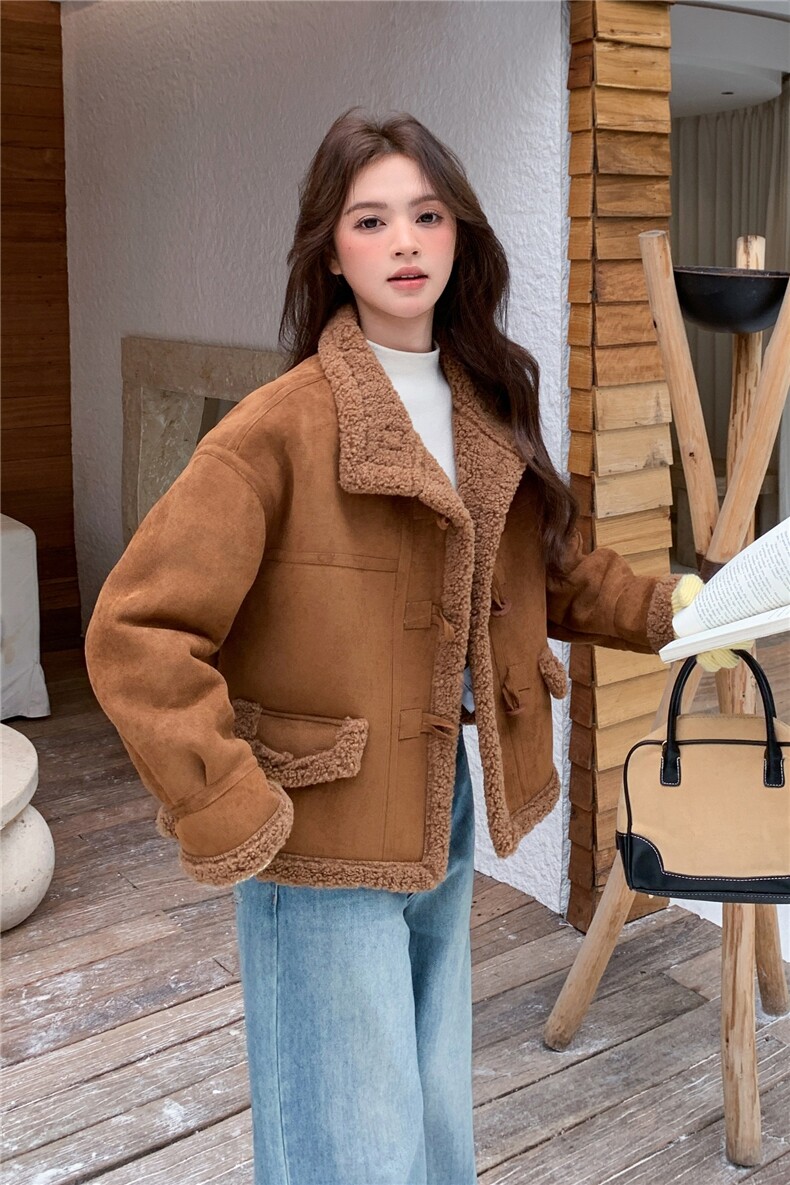 2025冬季新款皮毛一体休闲小个子宽松小外套,女装羊羔毛/颗粒绒,乐吉娜