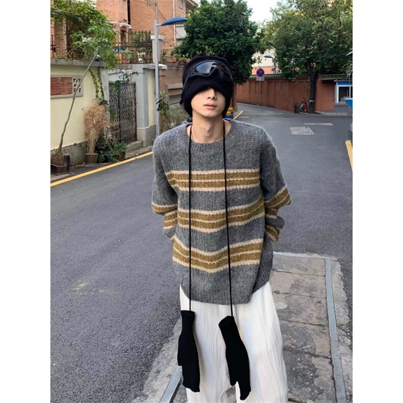 流行韩版拼色条纹长袖薄款防晒针织衫小清新宽松百搭上衣外穿,男装防晒衣,星座506A