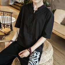 风夏季棉麻短袖T恤男民族风复古盘扣上衣钱塘6005-T，男装T恤，星座1112-5（原712-5）