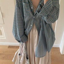 气质蓝色格纹中长款衬衫女装2026新款春夏设计感chic休闲宽松外套，男装衬衫，星座506A