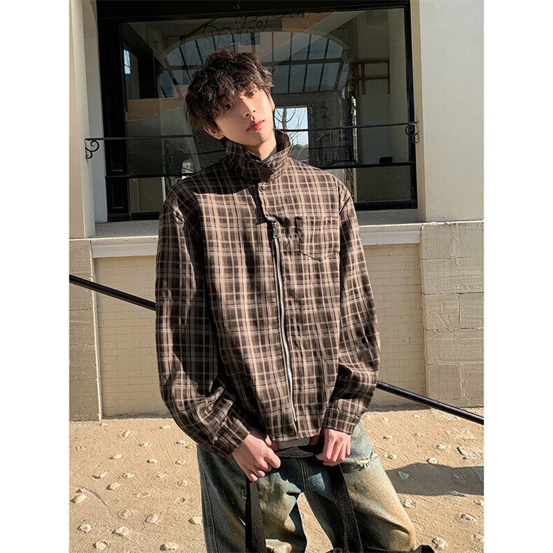 美式复古格子休闲衬衫男女同款潮流日系宽松衬衣HY712TP55,男装衬衫,电商A102B