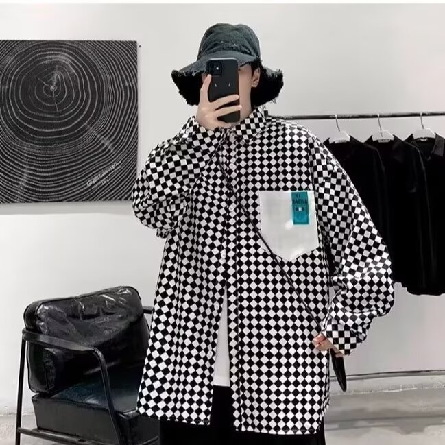 新款千鸟格衬衫男士高级感潮牌韩版上衣2025新款春秋款潮,男装衬衫,星座1210-1