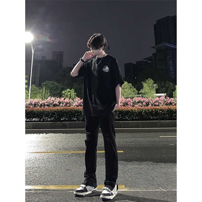 B221美式ins高街暗黑拉链小脚弹力破洞牛仔裤LK23060-P65控88,男装牛仔裤,电商B221