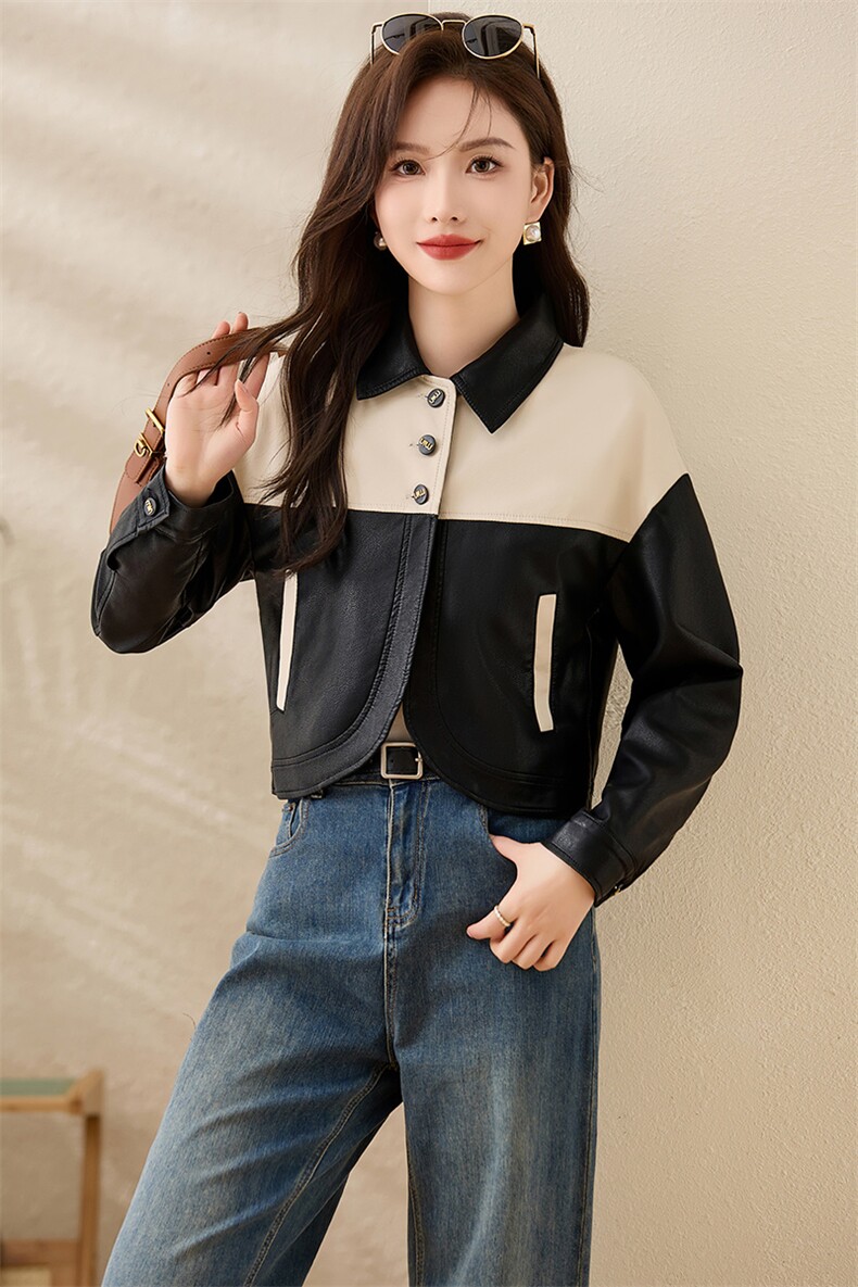 法式高档小香风外套女春秋白领皮衣夹克机车服女士时尚潮流拼接,女装皮衣,潮流依族
