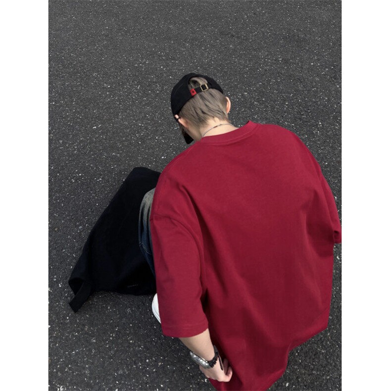 美式复古酒红色短袖t恤ins潮牌重磅宽松纯棉短袖oversize,男装T恤,星座310A-4