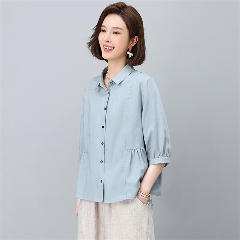 天丝亚麻衬衫女夏季薄款2025新款棉麻上衣休闲洋气妈妈款高贵小衫，女装衬衫，忆绮罗