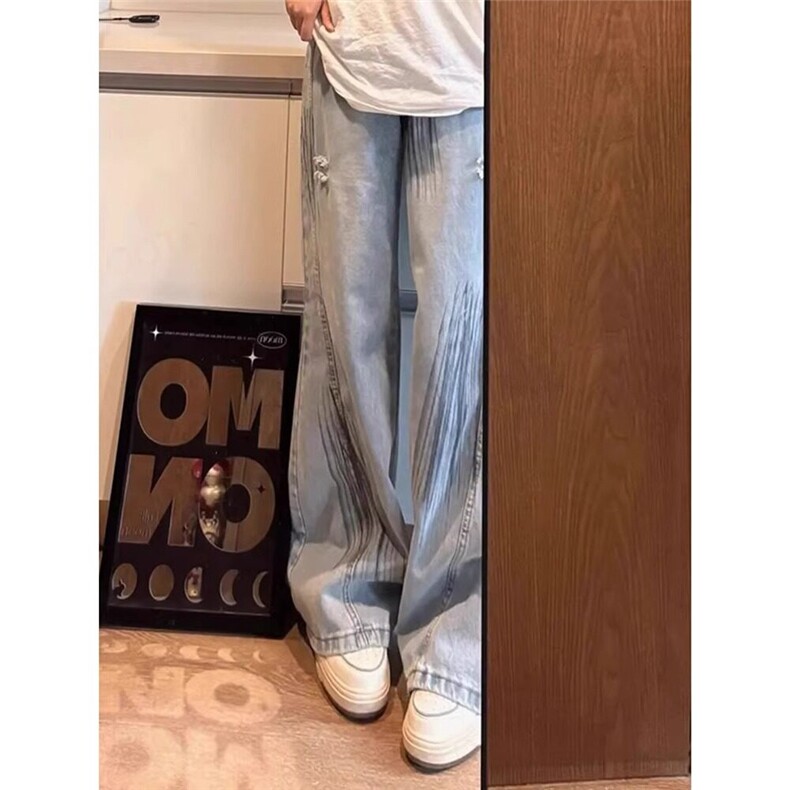 cleanfit高质量浅蓝色破洞弯刀牛仔裤hiphop潮牌解构扎染直筒裤子,男装牛仔裤,星座601-1