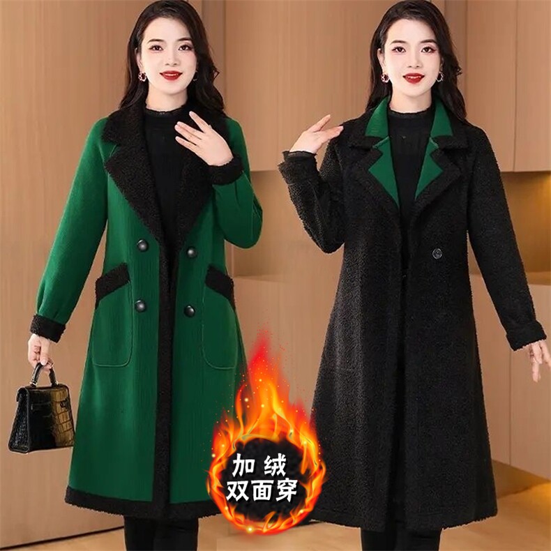 【大货已出】两面穿加厚毛呢大衣女新款中长款小香风呢子外套，女装羊羔毛/颗粒绒，韩蔻秀