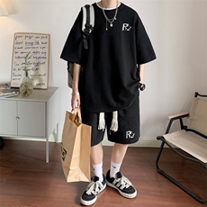 套装！华夫格套装男T恤短裤两件套大码港风TZ113-P50，男装休闲套装，电商B367