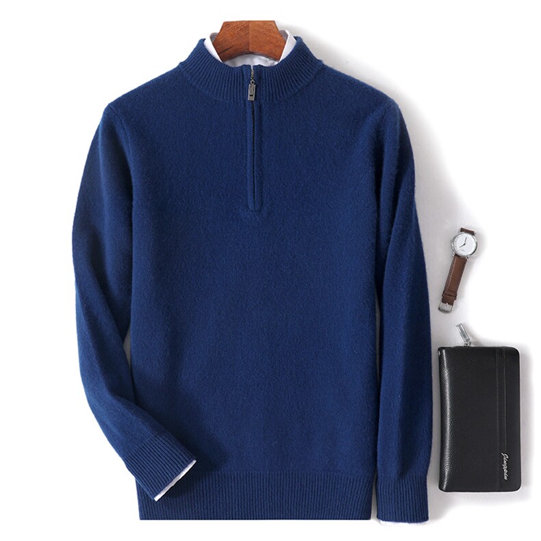 100%纯羊毛衫男士半高领拉链加厚针织毛衣宽松气质羊绒衫打底上衣，男装羊毛衫，绒韵雅