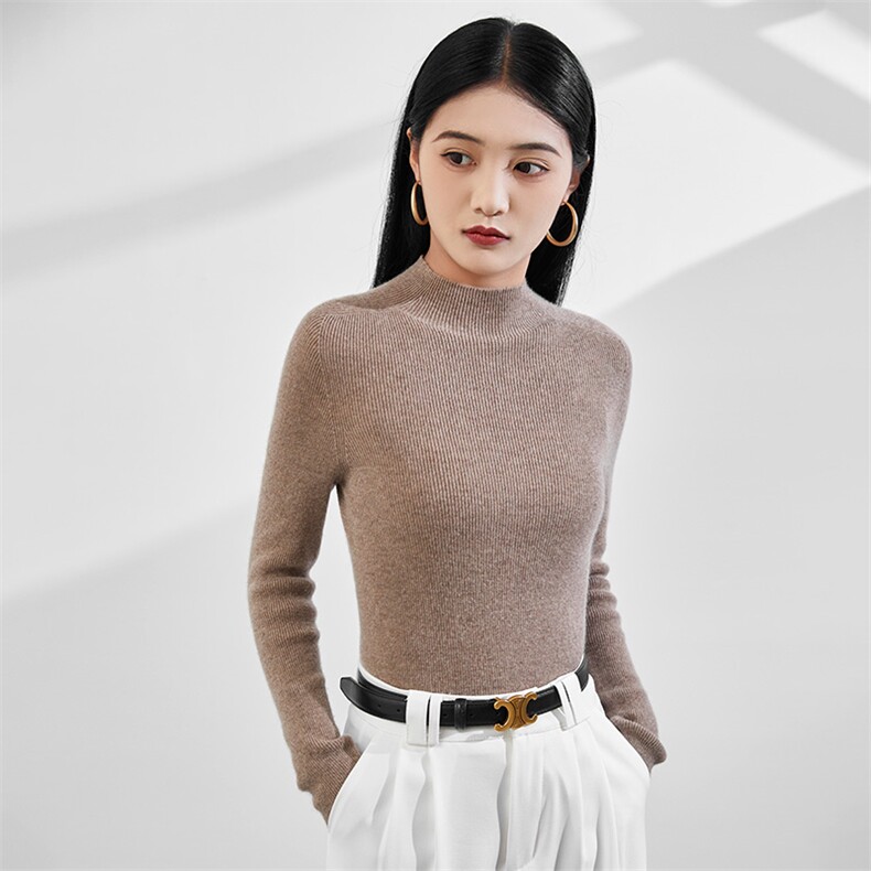 2024秋冬新款山女士抽条半高领,女装羊毛衫,润辉羊绒