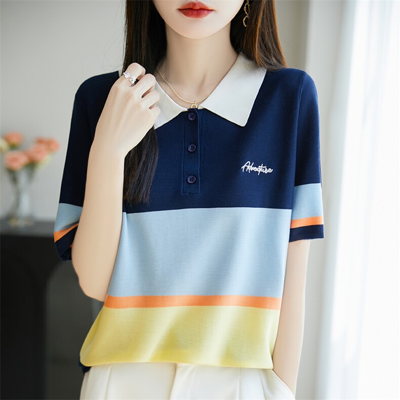 Polo领彩虹拼色时尚短袖女宽松莱赛尔新款t恤夏季减龄气质薄T背心,女装T恤,尚雪电商供货