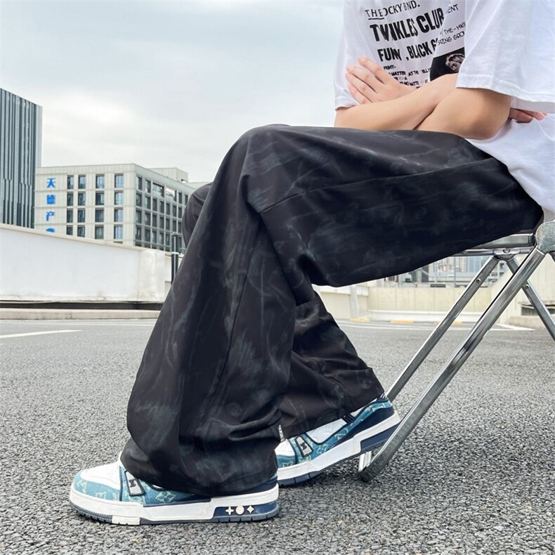 新中式冰丝速干裤子男夏季潮牌薄款垂感宽松直筒拖地阔腿休闲长裤,男装牛仔裤,星座506A
