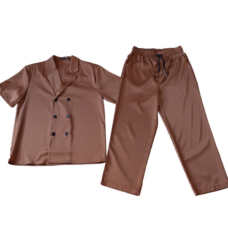 夏季绸缎薄款休闲西服套装男短袖衬衣长裤两件套TZ217-P130控165,男装T恤,电商B267