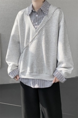 秋冬男士韩系学院风假两件卫衣宽松条纹拼接休闲上衣外套P65，女装短外套，电商B319