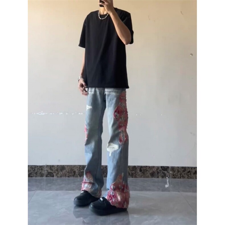 【网图】蕾丝拼接微喇牛仔裤直筒美式高街hiphop裤子NZK14LL-P65,男装牛仔裤,星座1007（原301D）