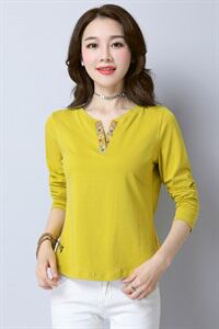 小V领印花长袖套头时尚显瘦淑女2022年春秋季T恤棉，女装T恤，依倍林