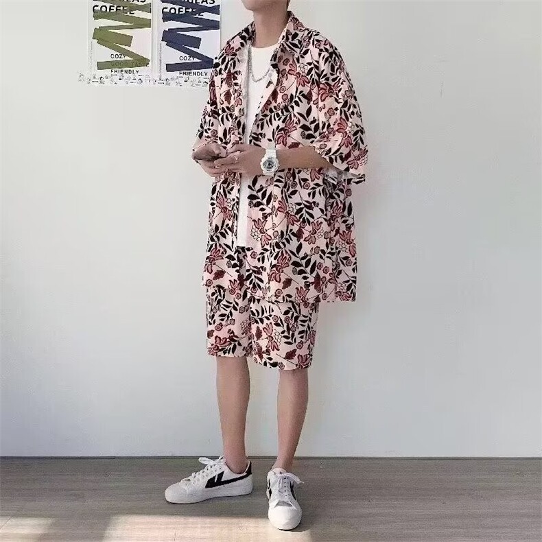 2025休闲夏威夷衬衫短裤夏季潮流短袖日系炸街海边情侣沙滩套装男,男装衬衫,星座1210-1