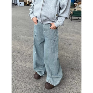 新款条纹阔腿牛仔长裤设计直筒宽松垂感牛仔裤-NZ769-网络图图片