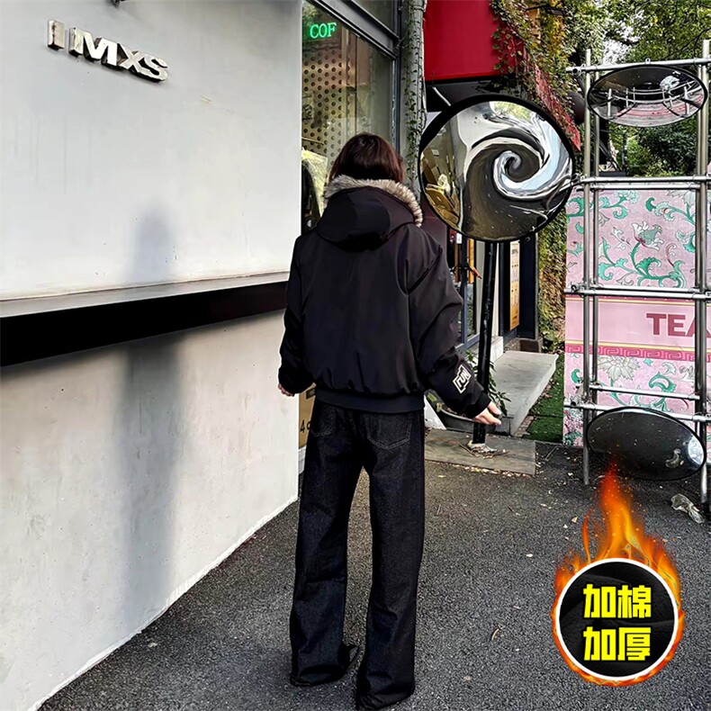 现货高品质美式高街重磅刺绣座山雕大毛毛领棉衣男女加厚棉服外套,男装棉衣,电商A486-1