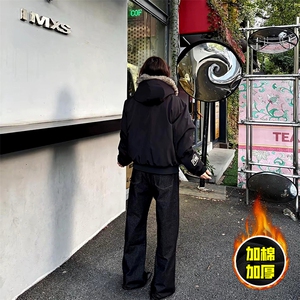 现货高品质美式高街重磅刺绣座山雕大毛毛领棉衣男女加厚棉服外套图片