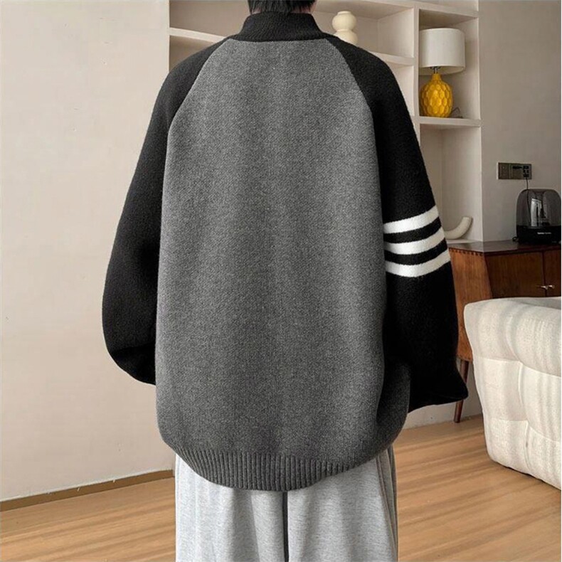 重磅秋冬北极绒开衫毛衣美式复古休闲慵懒风撞色立领针织衫外套,男装针织衫/毛衣,电商A486