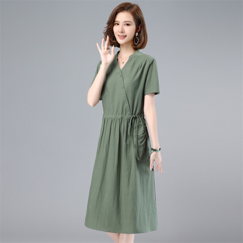 纯棉连衣裙女2023夏装新款中长款收腰显瘦V领妈妈洋气气质a字裙子,女装连衣裙,鑫鑫格