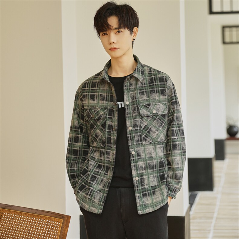 B3533319P105红秋季新款男士厚款格子衬衫夹克韩版外套男,男装夹克,电商B353