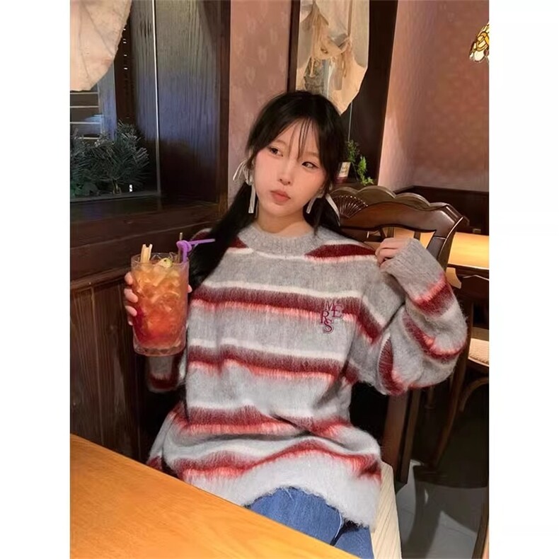 原创美式复古多巴胺撞色针织衫男女宽松休闲慵懒风套头毛衣MYF125,男装针织衫/毛衣,星座516A