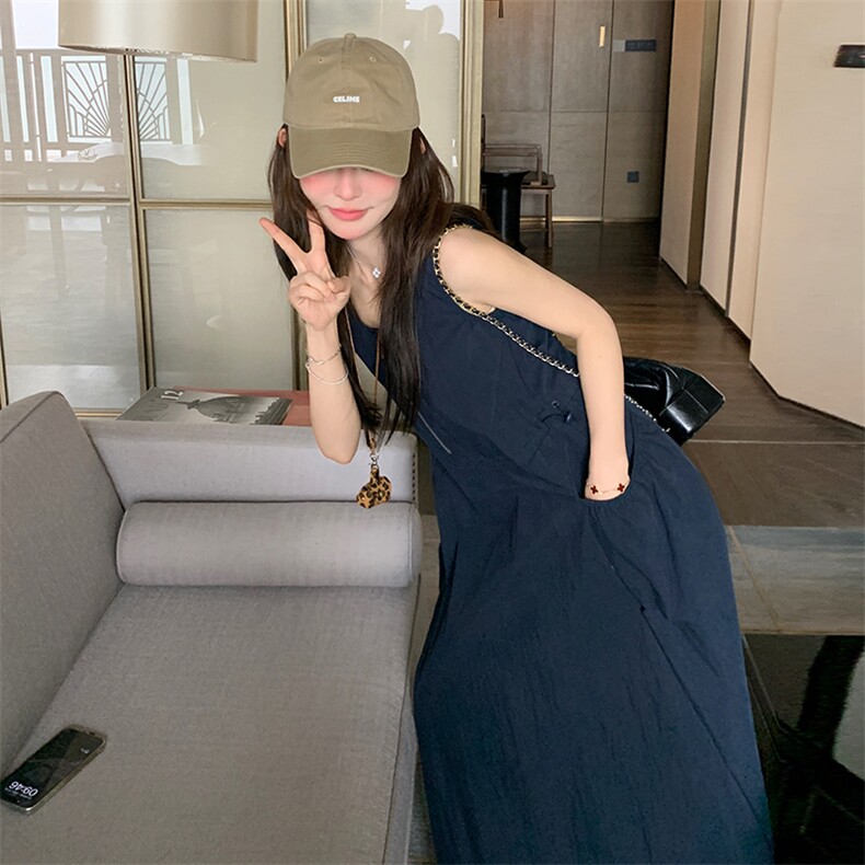 深蓝色圆领无袖连衣裙女2025夏季新款韩系设计感气质显瘦背心长裙,女装连衣裙,浙宝220
