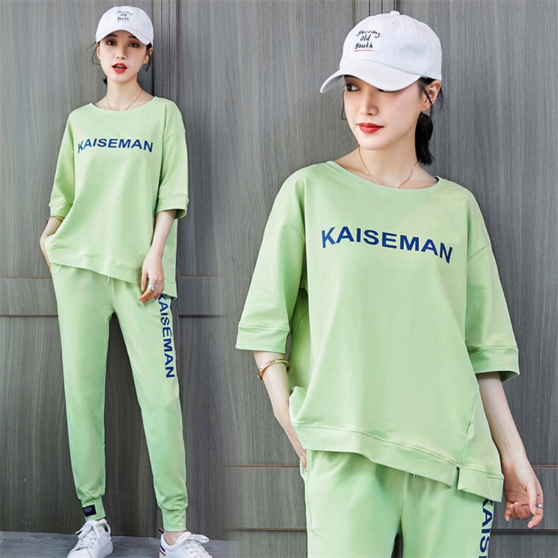 字母印花长裤七分袖T恤套装男运动两件套2020夏季新款,女装套装/套裙,凯瑟曼