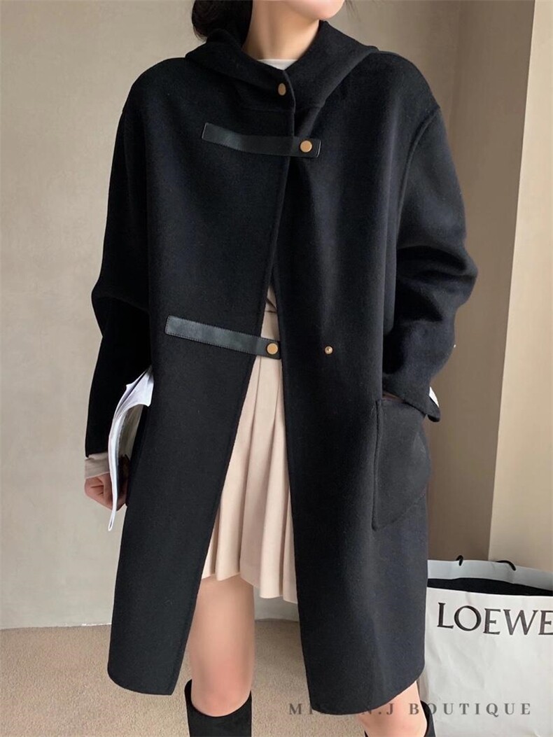 SLQ071洋气连帽双皮扣百分百全羊毛大衣,女装,L·H·X
