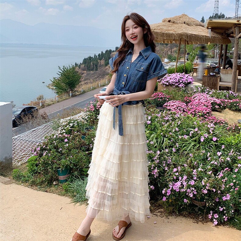 法式假两件牛仔拼接蛋糕连衣裙女2025夏新款超好看小个子过膝长裙,女装连衣裙,浙宝220