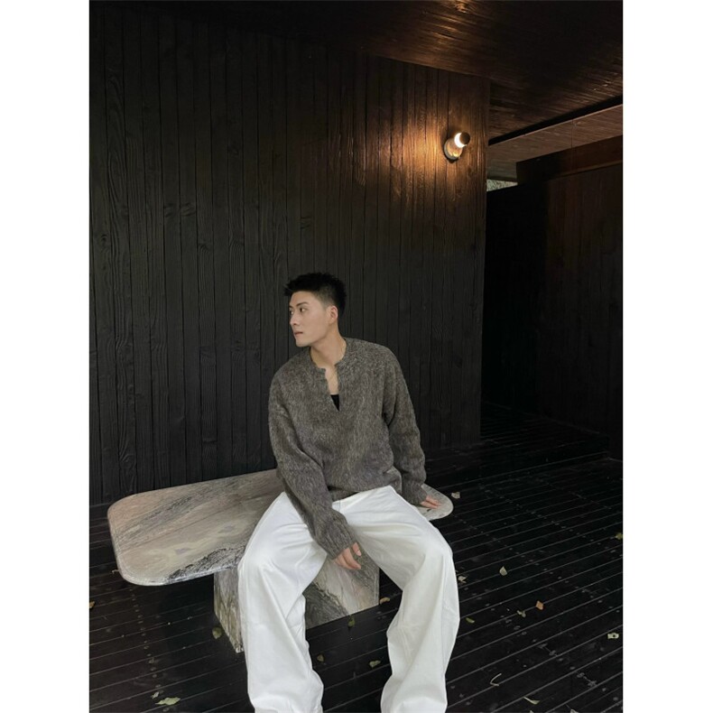美式复古海马毛v领毛衣冬慵懒风灰色针织衫小众设计感外LF07P75,男装针织衫/毛衣,电商D256