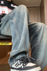 秋冬季加绒直筒牛仔裤男美式高街宽松水洗休闲裤松紧腰复古阔腿裤，男装牛仔裤，电商C303