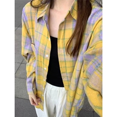 韩版复古黄色格子长袖衬衫女2025春夏百搭休闲设计感显白宽松上衣，男装衬衫，星座1210-1