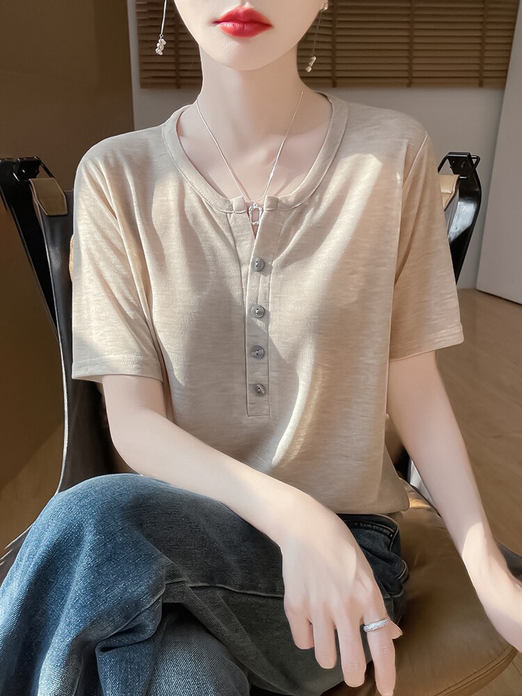 春秋短袖高档新款简约四扣半开圆领薄款打底衫女t恤针织上衣,针织衫/毛衣,绒宛羊绒
