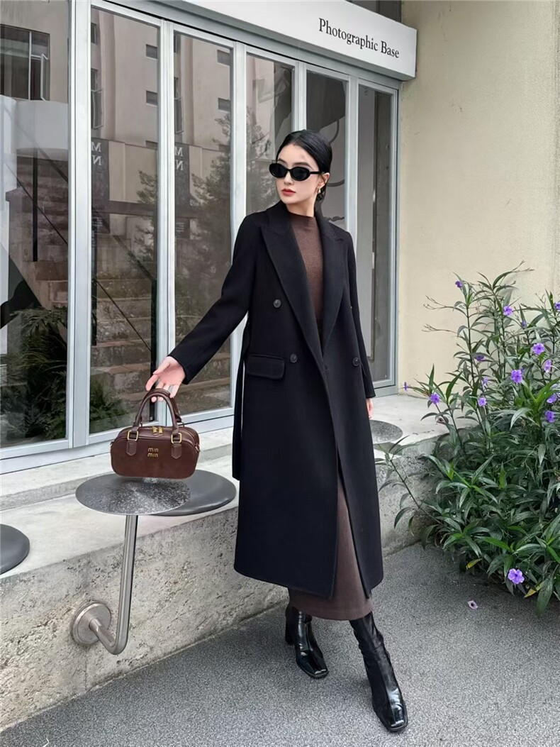2025女士长款双面大衣百搭时尚系绳款,女装毛呢外套,宸诺服饰